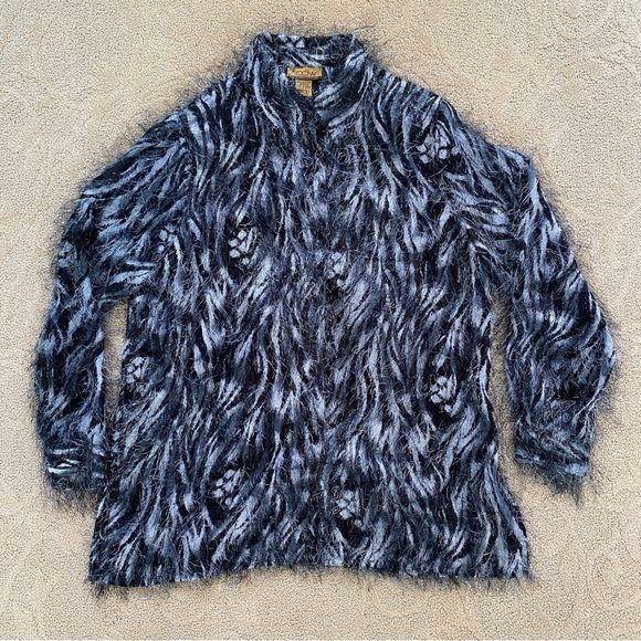 Long Sleeve Button Down Faux Feather Fringe Shacket Black White Women's Large - Picture 3 of 10